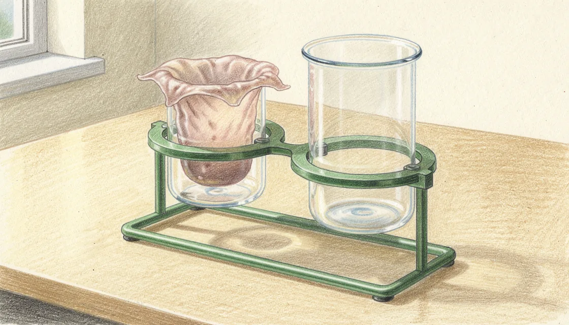 Illustration of a thin skin membrane stretched over a glass diffusion chamber on a cream laboratory bench