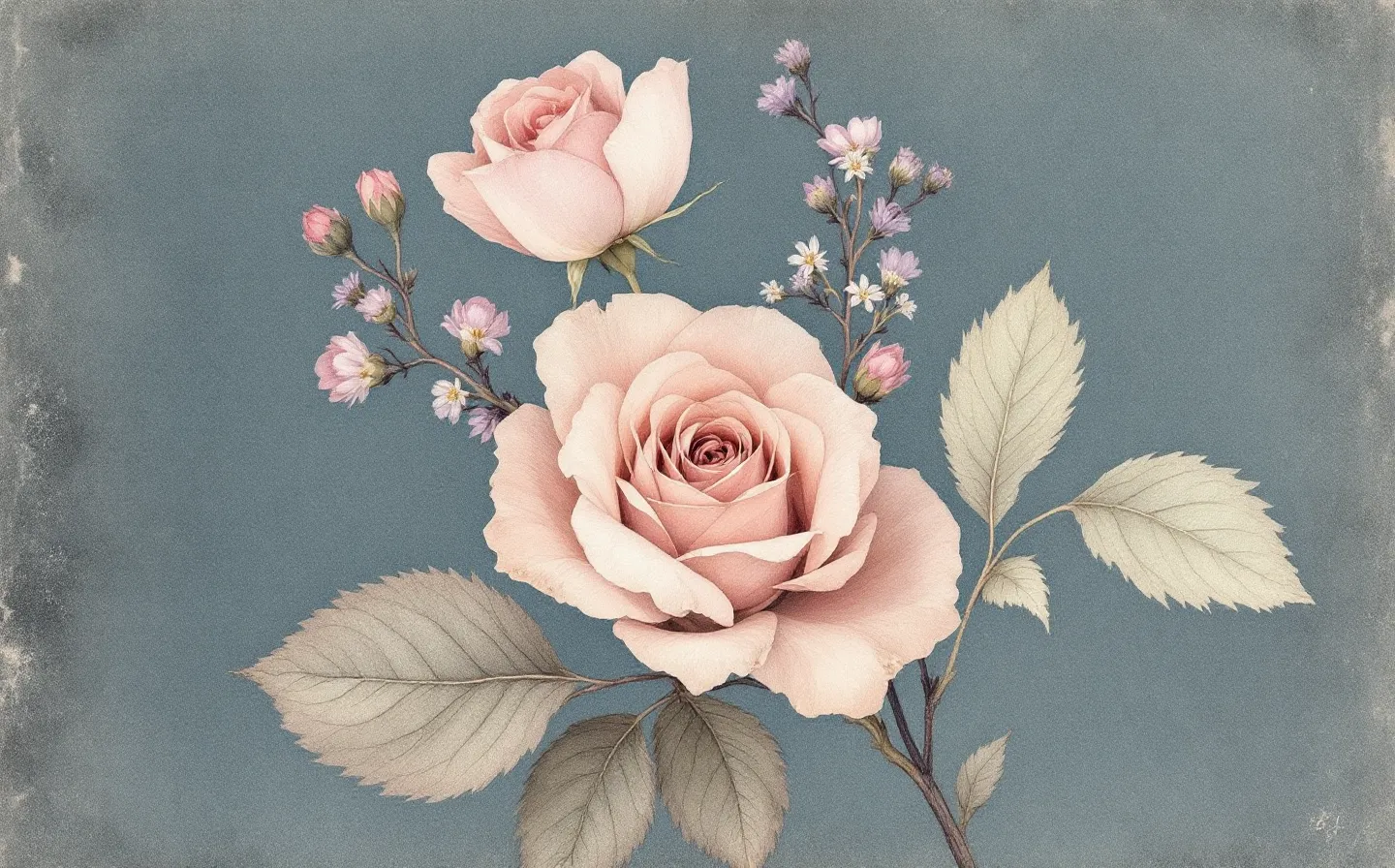 Soft faded pressed-botanical plate of a dusty-rose rose and sage wildflower sprig woven beside a delicate copper-coordination tripeptide motif on a deep dusk ground